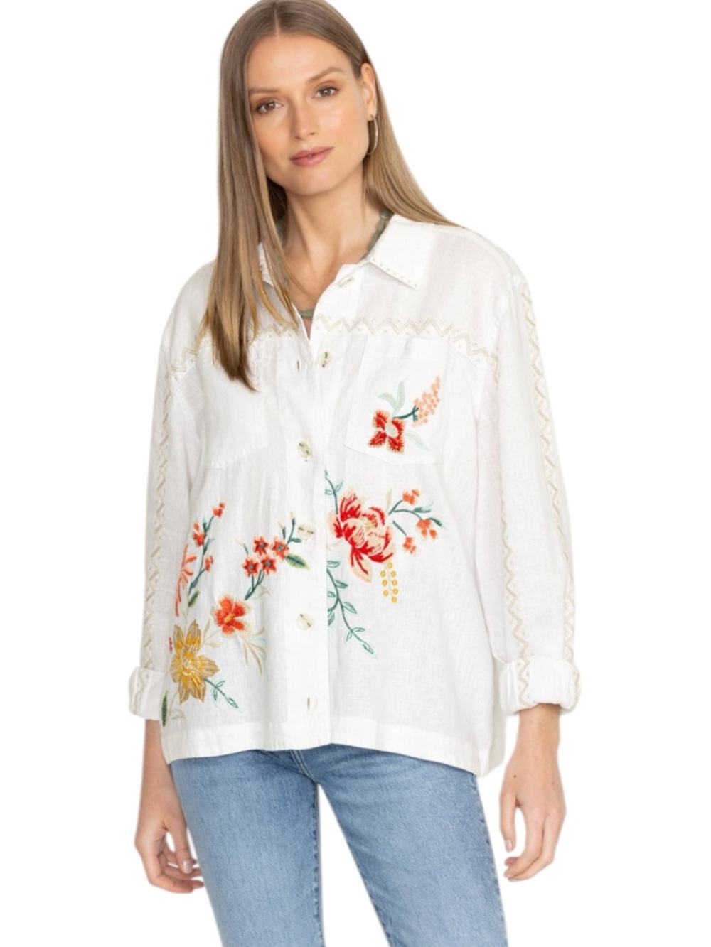 Johnny Was Linen Ivory Embroidered Jacket XL NWT Boho Floral Button Up